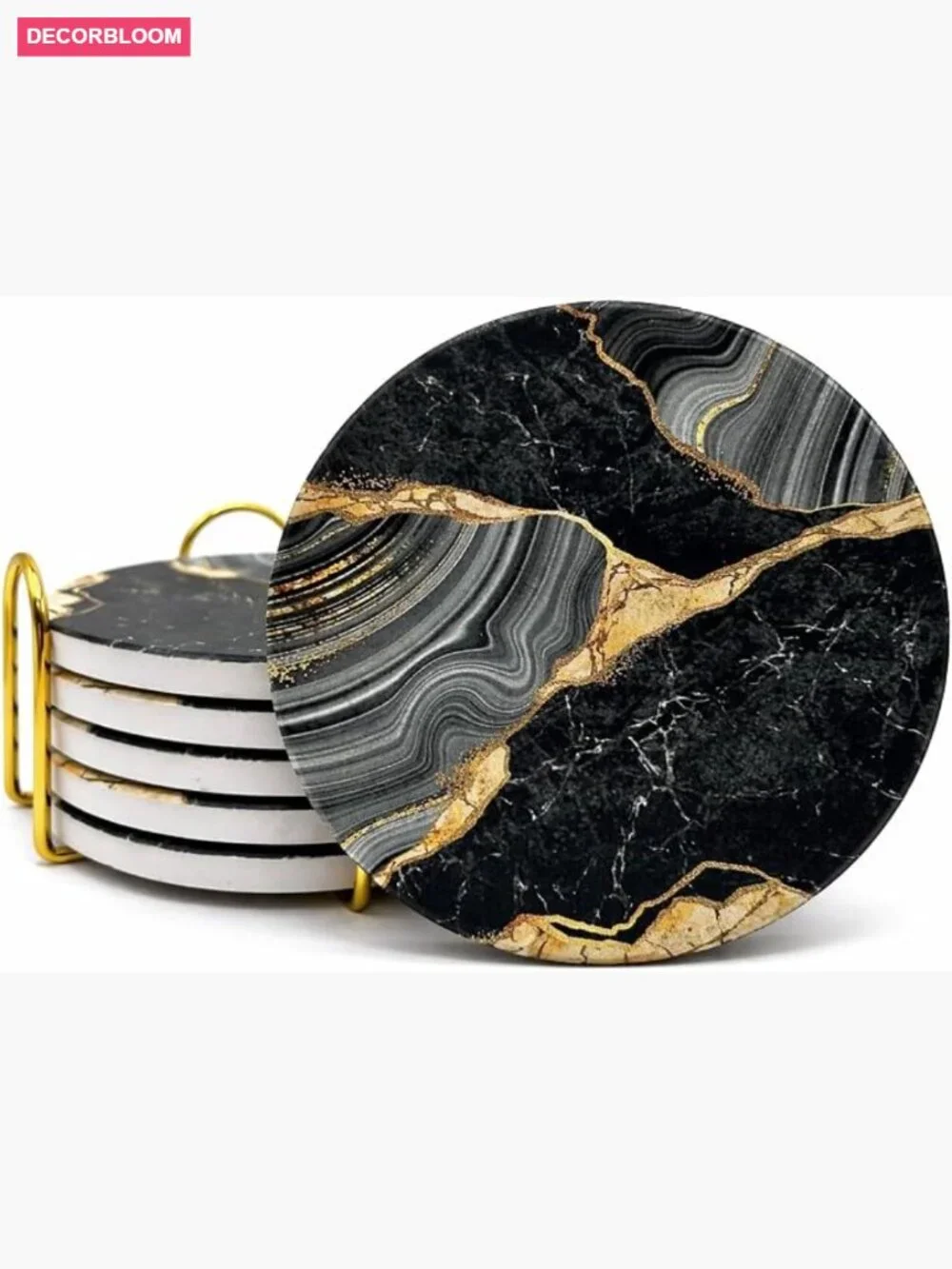 Set of 6 Ceramic Coasters with Gold Metal Holder - Round Drink Coasters for